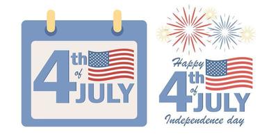 4e van juli in kalender. Amerikaans onafhankelijkheid dag set. Verenigde Staten van Amerika vlag en vuurwerk viering. vector vlak illustratie