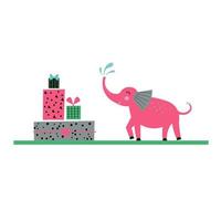 kortingen, zwart vrijdag. roze olifant met geschenk dozen Aan een geïsoleerd wit achtergrond. schattig vlak illustratie met blij dier. vector