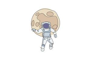 een enkele lijntekening van ruimteman astronaut die kosmische melkweg verkent, vliegen voor volle maan vectorillustratie. fantasie kosmische ruimte leven fictie concept. modern ononderbroken lijntekeningontwerp vector