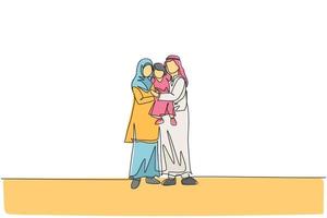 een enkele lijntekening van jonge gelukkige Arabische moeder en vader die hun dochtermeisje samen optillen en knuffelen vectorillustratie. moslim gelukkig gezin ouderschap concept. ononderbroken lijntekening ontwerp vector