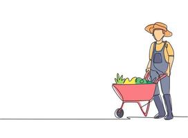 enkele lijntekening van een jonge mannelijke boer die naast de kruiwagen staat gevuld met fruit. landbouw uitdaging minimalistisch concept. doorlopende lijn tekenen ontwerp grafische vectorillustratie vector