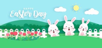 paasdag banner met schattige konijnen in de tuin. papier knippen en ambachtelijke stijl vector