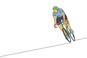 een enkele lijntekening van jonge energieke man fiets racer opleiding in de weg grafische vectorillustratie. wielrenner concept. modern ononderbroken lijntekeningontwerp voor banner voor wielertoernooien vector