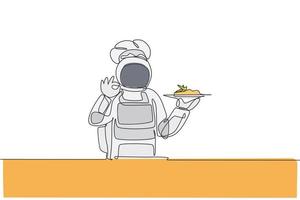 een enkele lijntekening van jonge astronaut die een goed handgebaar geeft voor lekker eten, café-restaurant vectorillustratie. heerlijk ruimtemelkwegschotelconcept. modern ononderbroken lijntekening grafisch ontwerp vector