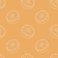 hand- getrokken oranje naadloos patroon. besnoeiing fruit stukken wit lijn tekening Aan oranje kleur achtergrond. modern vector grafisch fruit afdrukken ontwerp voor menu, pakket, textiel, omhulsel papier.