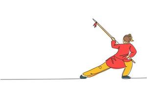 een enkele lijntekening van jonge vrouw op kimono oefening wushu krijgskunst, kung fu techniek met speer op sportschool centrum vectorillustratie. vechtsport concept. modern ononderbroken lijntekeningontwerp vector