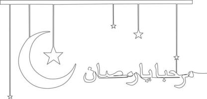 single een lijn tekening marhaban ja Ramadan in Arabisch schoonschrift hartelijk groeten. Ramadan concept. doorlopend lijn trek ontwerp grafisch vector illustratie.