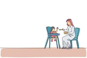 enkele ononderbroken lijntekening van jonge islamitische vader die zijn peutermeisje voedt op baby-eettafel. arabische moslim gelukkige familie vaderschap concept. trendy één lijn tekenen ontwerp vectorillustratie vector