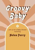 groovy baby douche uitnodiging sjabloon. retro jaren 70 groet kaart, retro jaren 70 tekenfilm zonneschijn baby douche partij poster. groovy tekenfilm kinderen verjaardag sjabloon. vector illustratie. zonnestraal. groovy baby.