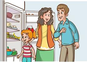 familie op zoek Bij voedsel met de koelkast deur Open vector