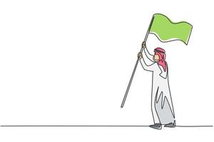 enkele lijntekening van jonge Arabische zakenman met winnende vlag als prestatiedoel. zakelijke missie minimaal metafoor concept. moderne doorlopende lijn tekenen ontwerp grafische vectorillustratie vector
