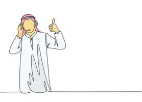 een doorlopende lijntekening van jonge moslimklantenservice geeft duimen op gebaren, callcenter. islamitische kleding shemag, kandura, sjaal, keffiyeh. enkele lijn tekenen ontwerp vectorillustratie vector