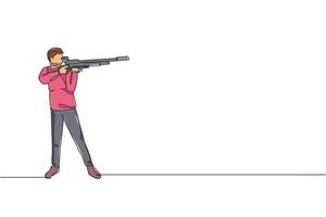 een doorlopende lijntekening van een jonge man op het schieten van oefenterreinen voor competitie met een pistoolpistool. buiten schieten sport concept. dynamische enkele lijn tekenen ontwerp vectorillustratie vector