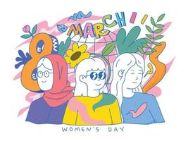 Internationale vrouwen dag groet kaart. 8 maart posters ontwerp met belettering, vrouwen, bloemen en decoratief elementen vector