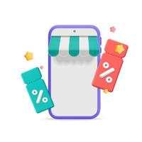 3d vector speciaal aanbod en korting uitverkoop mockup banier sjabloon wit scherm Aan smartphone en vliegend kortingsbonnen tegoedbon kaartjes met percentage symbool ontwerp