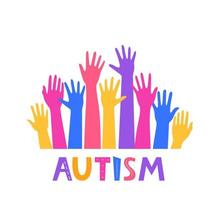 veelkleurig handen, embleem of symbool van autisme wanorde. verheven hand- silhouetten. autisme bewustzijn. vector illustratie.