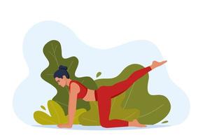 vrouw karakter aan het doen yoga opdrachten Aan vers lucht. buitenshuis yoga. welzijn, gezondheidszorg en levensstijl concept. vector illustratie.