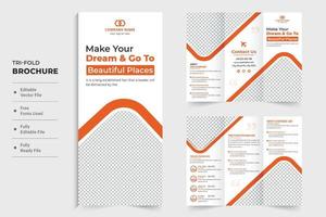 toeren groep bedrijf Promotie tri vouwen brochure vector voor marketing. reizen agentschap advertentie sjabloon ontwerp met foto tijdelijke aanduidingen. tour en reizen brochure met oranje en donker kleuren.