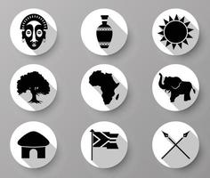 Afrika zwart silhouet pictogrammen set, vlak stijl Afrikaanse voorwerpen, dingen en dieren geïsoleerd vector illustratie.