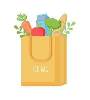 eco zak met natuurlijk voedsel. zak met melk, salade, brood, appel, wortel vector