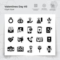 Valentijnsdag dag pictogrammen reeks in glyph zwart vullen stijl met bruiloft cadeaus en babbelen thema. een verzameling van liefde en romance vector symbolen voor Valentijnsdag dag viering.