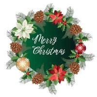 winter krans met tekst vrolijk kerstmis, wit achtergrond. groen pijnboom, net takjes, kegels, rood bessen, kerstster bloemen, Kerstmis decoraties. vector illustratie. natuurlijk ontwerp.