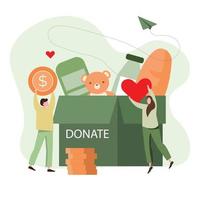 bijdrage van voedsel en kleding. vector vlak illustratie. de concept van sociaal bijstand en liefdadigheid. vrijwilligers verzamelen donaties in dozen.