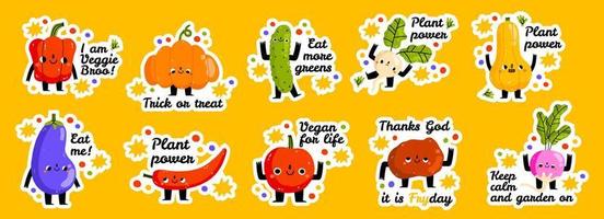 biologisch groenten sticker verzameling. reeks van groenten en kruiden. boerderij slogans. hand- getrokken tekenfilm schattig illustratie voor stickers, affiches, muur kunst. kinderen grafisch. stickers met grappig hand- beletterd vector