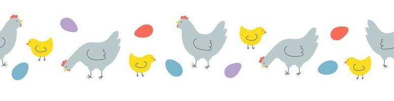 naadloos grens met kippen, kippen en eieren. sjabloon voor Pasen decor, uitnodiging, kaarten. vector