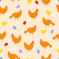 naadloos patroon met kleurrijk kippen, kippen en eieren. achtergrond voor Pasen, decor, uitnodiging, kaarten. vector