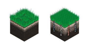 gazon zorg, bodem isometrie, stadia voordat en na beluchting. effect Aan de inname van stoffen - water, zuurstof en voedingsstoffen voor gras voeding. vector illustratie geïsoleerd Aan een wit achtergrond.