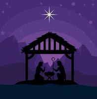 vrolijk kerstfeest en geboorte met mary, joseph en baby jesus vector