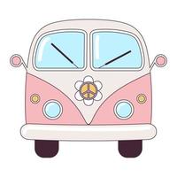 hippie wijnoogst roze auto een mini busje retro bus jaren 60, jaren 60, jaren 70. groovy psychedelisch tekenfilm element - funky illustratie in hippie stijl. vlak vector illustratie geïsoleerd Aan de wit achtergrond.