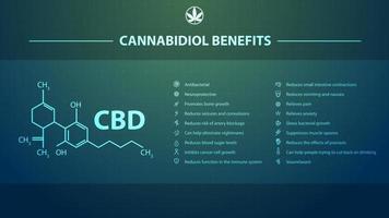 cannabidiol-voordelen, poster in digitale stijl met cannabidiol-voordelen met pictogrammen en chemische formule van cannabidiol vector