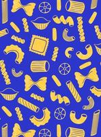 Italiaans pasta naadloos patroon geïsoleerd Aan blauw achtergrond. verschillend types van pasta. spaghetti, farfalle, penne, rigatoni, ravioli, fusilli, conchiglie, ellebogen, rotelle, orzo, paccheri illustratie. vector