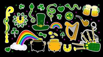 st. Patrick dag stickers. reeks van elementen voor Patrick dag geïsoleerd. elf van Ierse folklore hoed, harp en Klaver bladeren. worden gelukkig. hoefijzer en klaver vector