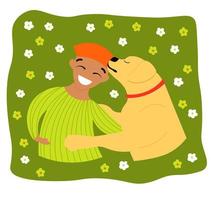 aanhankelijk hond. tiener- jongen knuffelen hond, huisdier, gelukkig Mens en glimlachen jongen met pup, likken huisdieren en spel eigenaren het beste vrienden vector