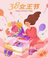 Aziatisch vrouw boodschappen doen Aan Internationale vrouwen dag. uitverkoop poster. vertaling, gelukkig koningin dag. 8e maart vector