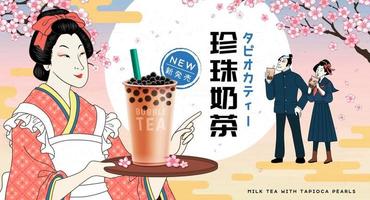 ukiyo e bubbel melk thee advertentie. Japans serveerster van taisho periode portie tapioca melk thee Aan een dienblad met studenten drinken het onder sakura bomen. vector