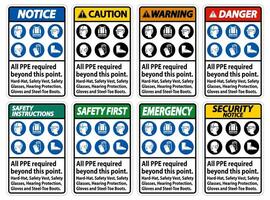 ppe vereist na dit punt. helm, veiligheidsvest, veiligheidsbril, gehoorbescherming vector