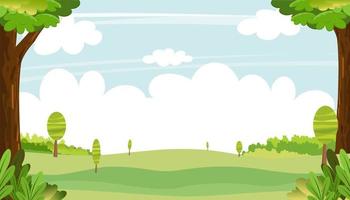 voorjaar landschap met blauw lucht en wolken, panorama groen velden met kopiëren ruimte, vers en vredig landelijk natuur in lente met groen gras land. tekenfilm vector illustratie zomer banier voor kinderen
