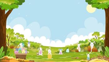 Pasen achtergrond, lente groen velden landschap met schattig konijn jacht- Pasen ei met blauw lucht en wolk achtergrond, vector tekenfilm landelijk natuur in lente, konijnen spelen Aan gras land- in ochtend-