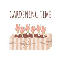 hout doos met tulpen geïsoleerd Aan wit achtergrond. tuin apparatuur, hulpmiddel. seizoensgebonden tuin werk. voorjaar vector illustratie.