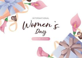 Internationale vrouwen dag, 8 maart banier ontwerp met aantal acht, roze calla lelies, chocola harten, geschenken, linten. romantisch bloemen moeder dag ontwerp voor groet kaart, poster, ansichtkaart, folder. vector