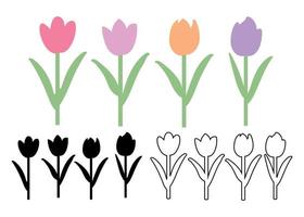 reeks van hand- getrokken tulpen concept pictogrammen in zwart en wit en pastel kleuren illustratie vector