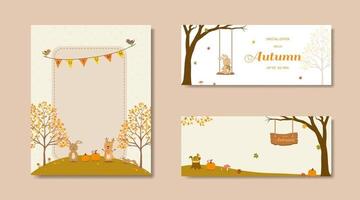 verzameling van natuur herfst verkoop banners met schattige dieren en kleurrijke bladeren vector