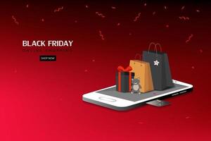 zwarte vrijdag verkoop banner met geschenkdozen, boodschappentassen en confetti op rode achtergrond vector