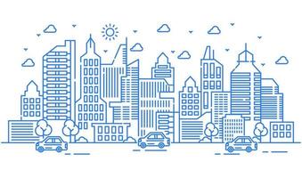 stedelijke illustratie met grote gebouwen met auto's en bomen. stadsactiviteiten vector