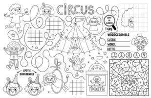 vector circus placemat voor kinderen. amusement tonen afdrukbare werkzaamheid mat met doolhof, tic tac teen grafieken, aansluiten de stippen, vind verschil. zwart en wit Speel mat of kleur bladzijde met clown