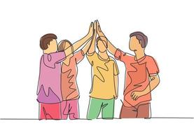 een lijntekeninggroep van man en vrouw die hun opeenvolgende doel vieren met een high five-gebaar samen. zakelijke bijeenkomst deal concept continu lijn tekenen ontwerp vectorillustratie vector